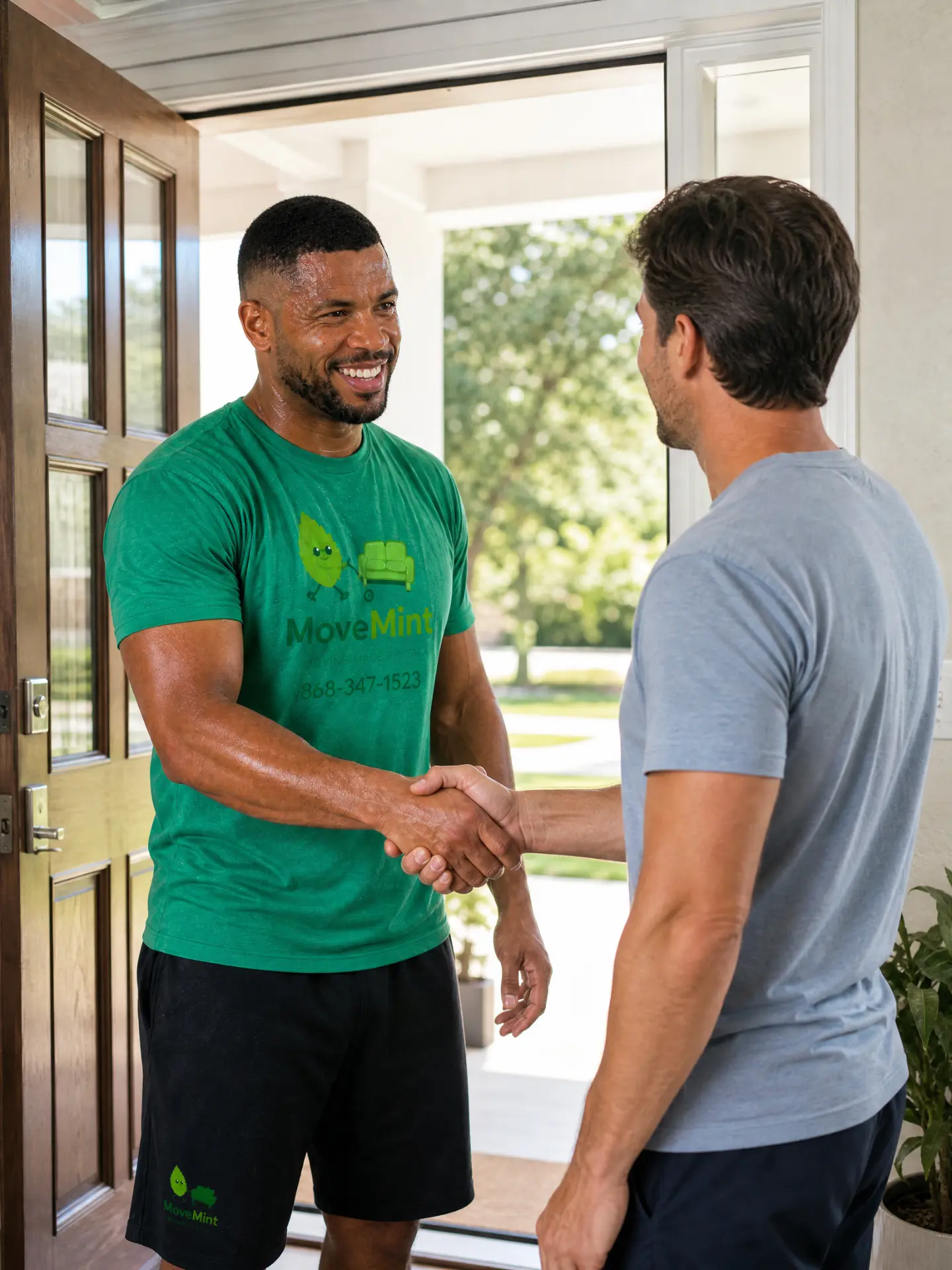 Handshake at the finish of a move Polite MoveMint crew member shaking hands with a happy homeowner at the front door after finishing a labor only move in Central Florida