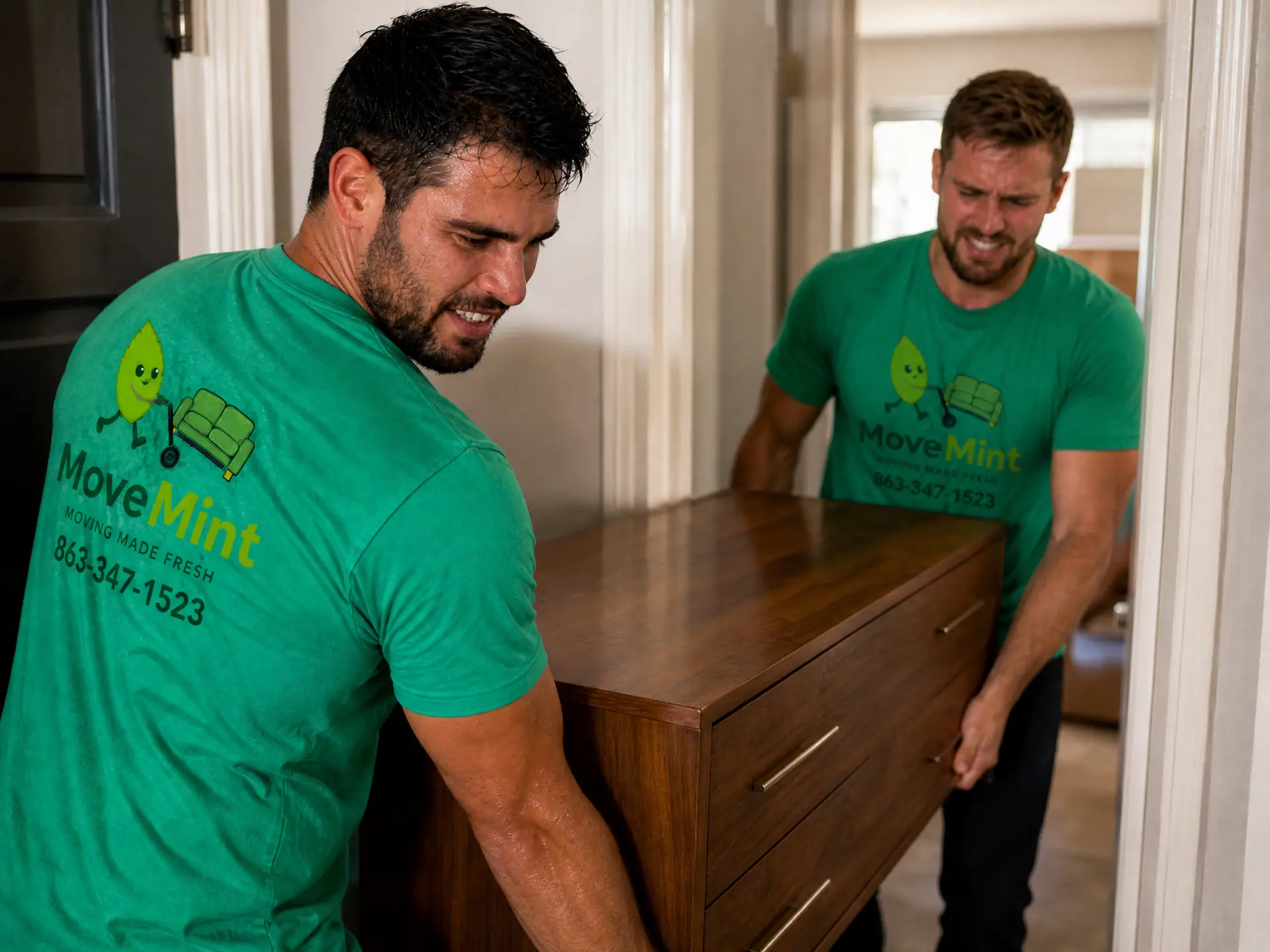 Two person heavy furniture carry Two MoveMint movers in green shirts teaming up to carry a heavy wooden dresser through a hallway without scuffing walls