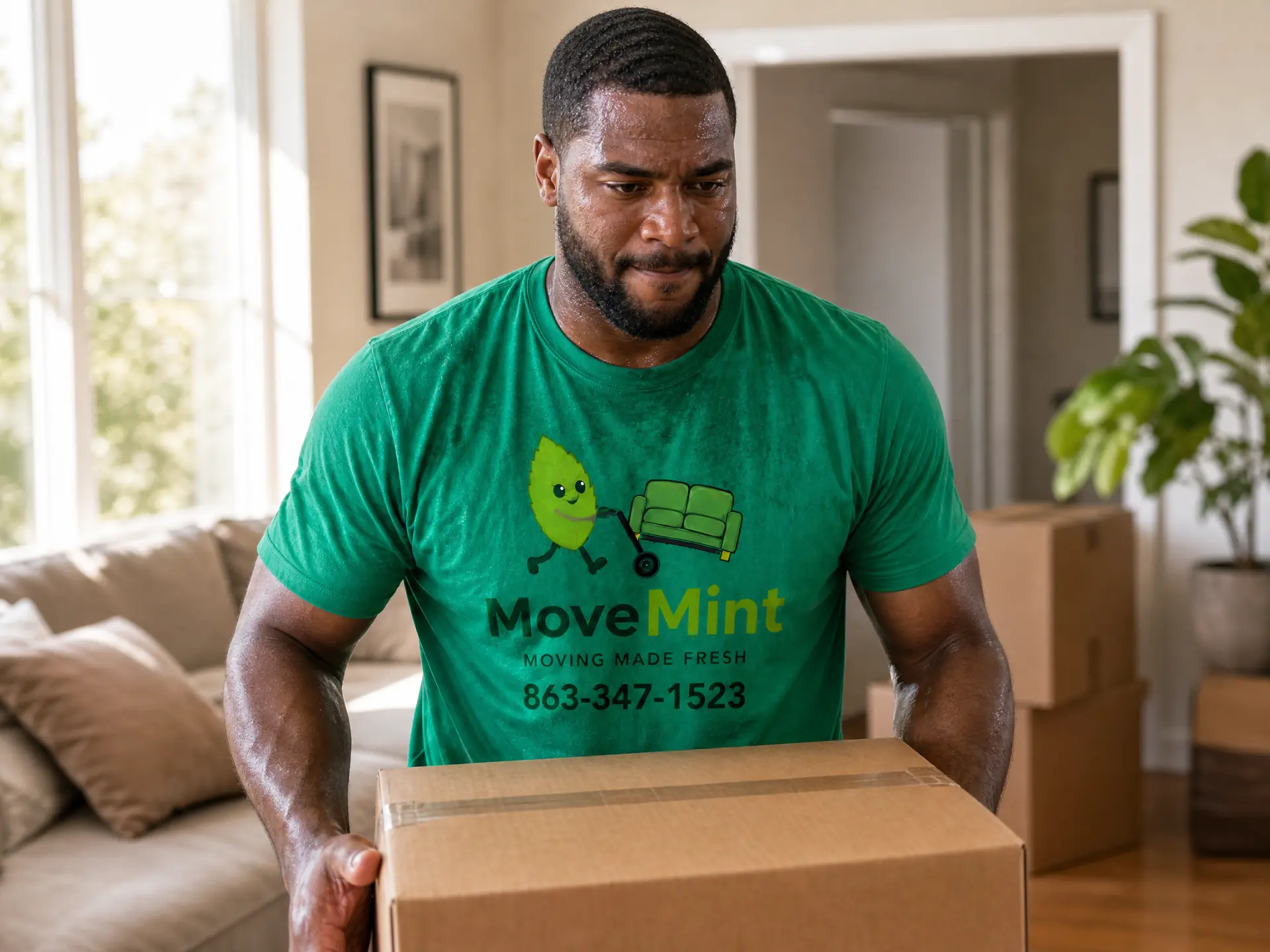 Living room lift during an in home move Professional MoveMint mover in a green company shirt lifting a heavy packed box in a living room during an in home rearrange