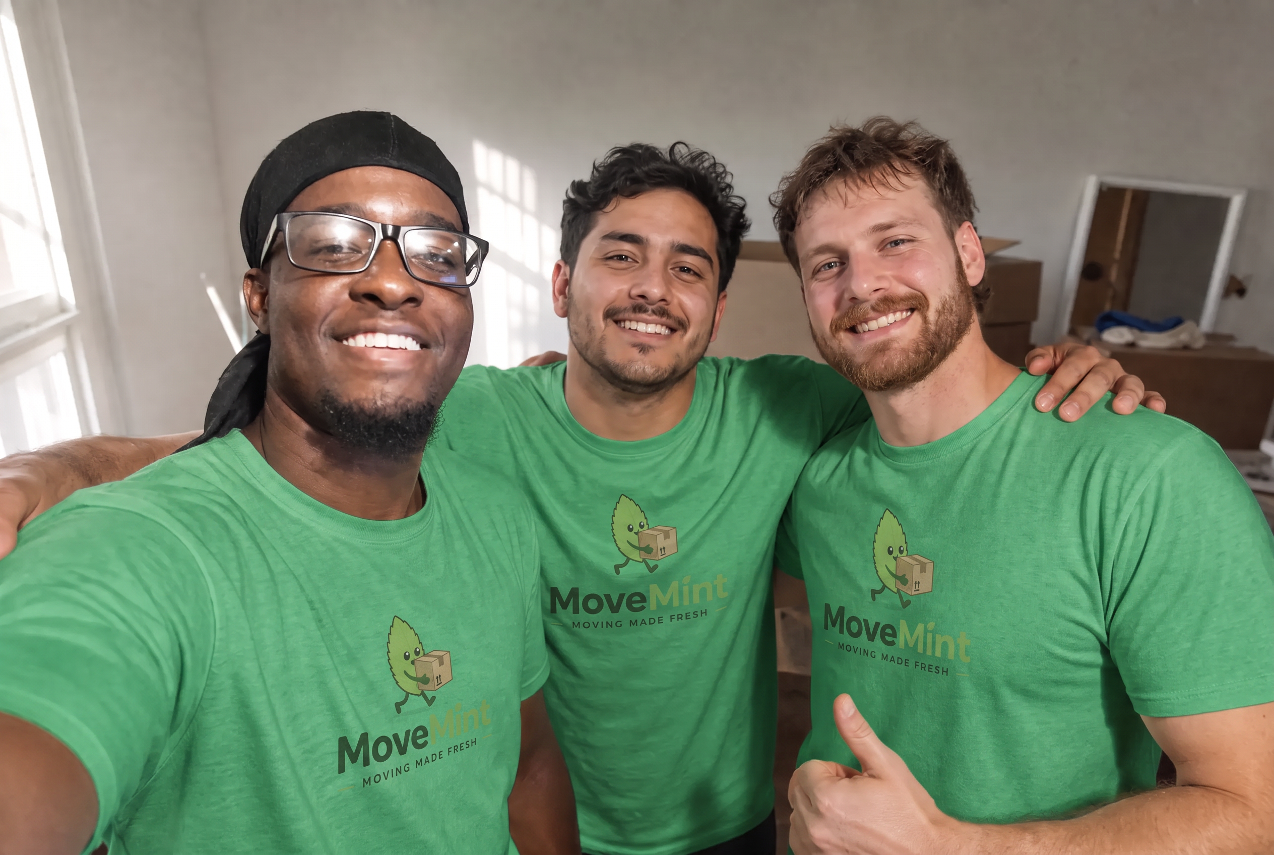 The MoveMint crew after a finished job Three smiling MoveMint crew members in green company shirts standing together after finishing a Central Florida labor only move