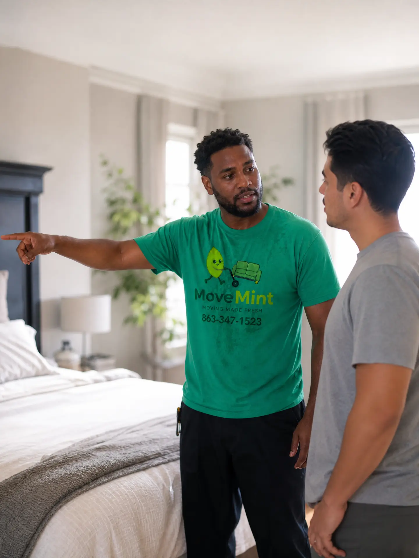 Planning the load order with the customer MoveMint crew member pointing and coordinating the load order with a customer in a bedroom before a cross town Florida move