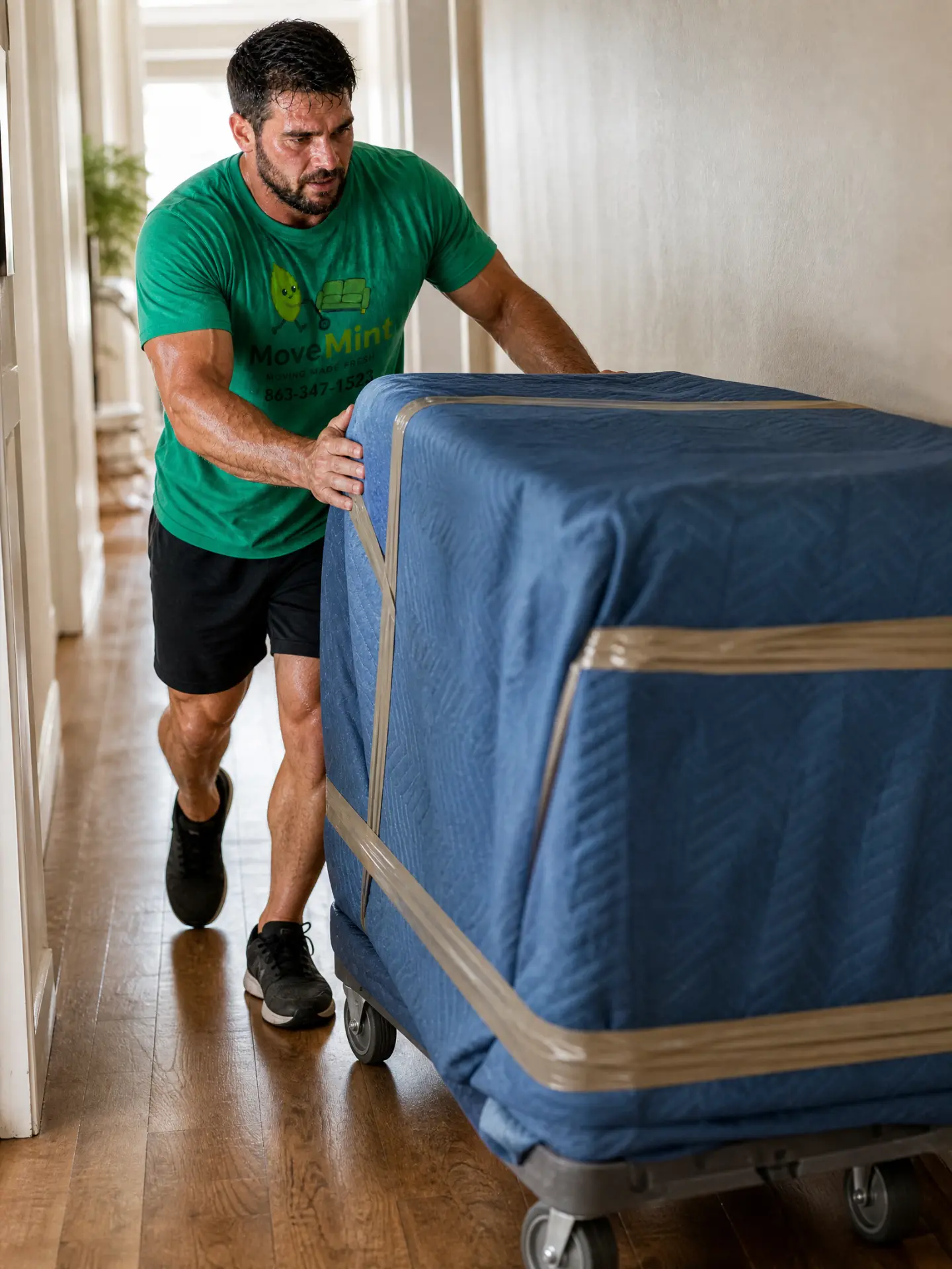 Dolly loading a blanket wrapped dresser MoveMint labor only mover in a green company shirt rolling a blanket wrapped and strapped dresser down a hallway on a four wheel dolly during a Polk County Florida move