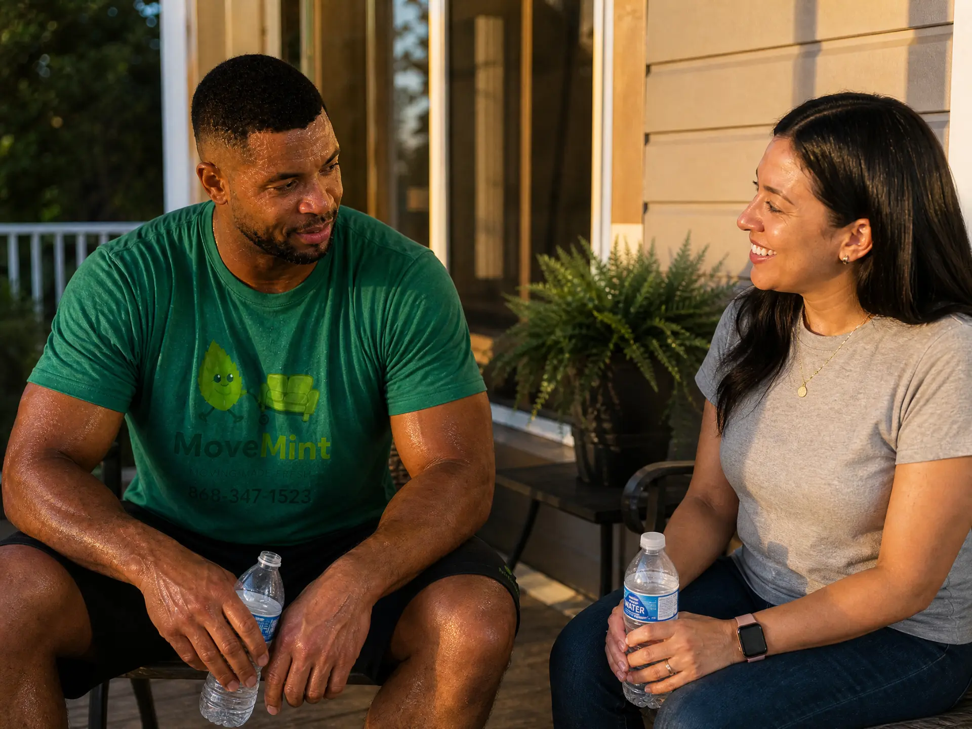 Water break on the porch MoveMint mover and a customer sharing a water break on a front porch at golden hour after a long Central Florida moving day