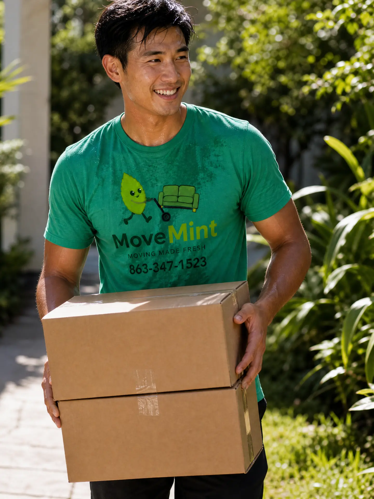 Carrying boxes out to the truck MoveMint mover carrying two stacked moving boxes along a sunny walkway outside a Pinellas County Florida home