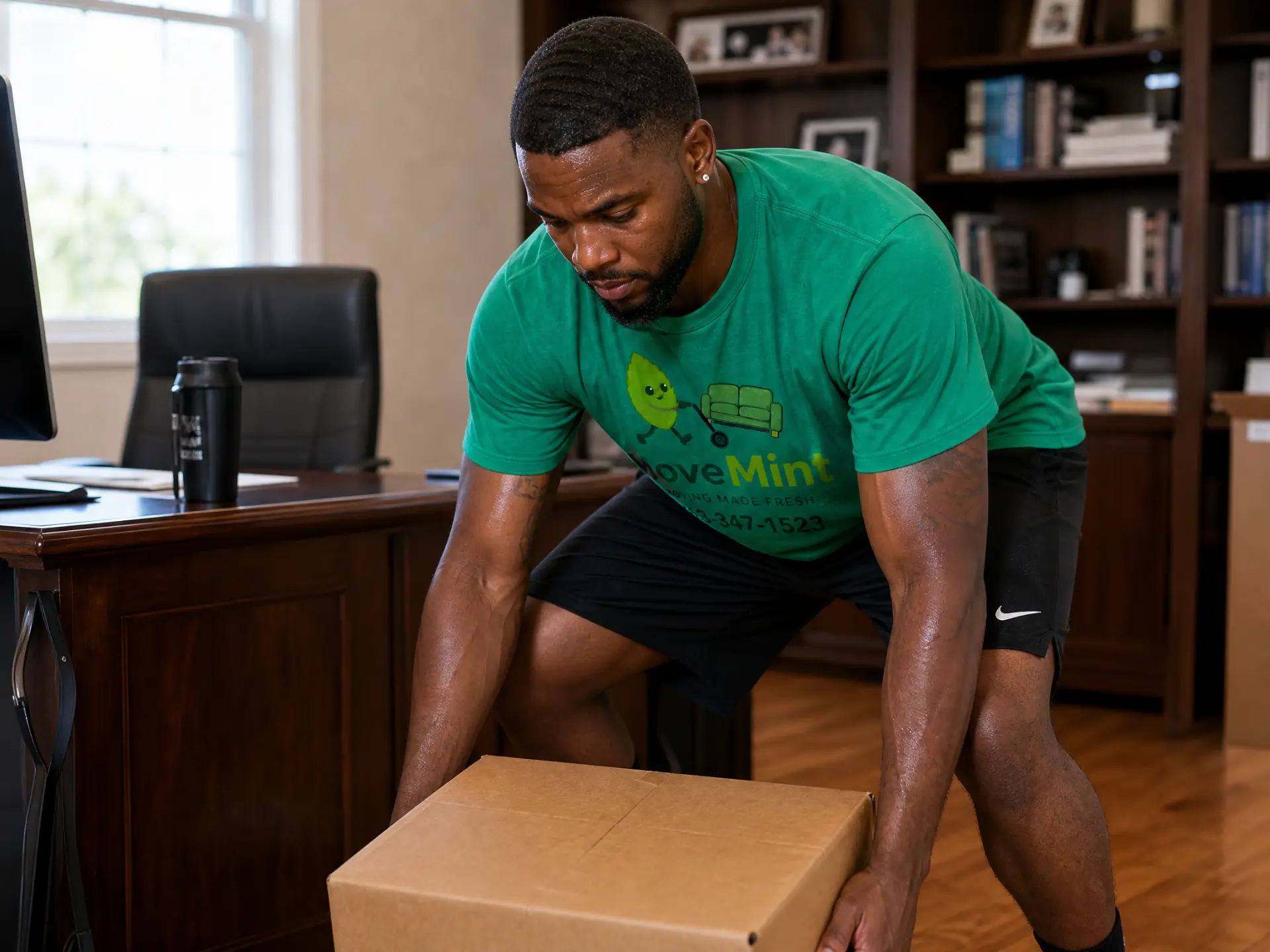Office relocation box handling MoveMint mover lifting a packed cardboard box with safe knees bent form during a small office relocation in Orange County Florida
