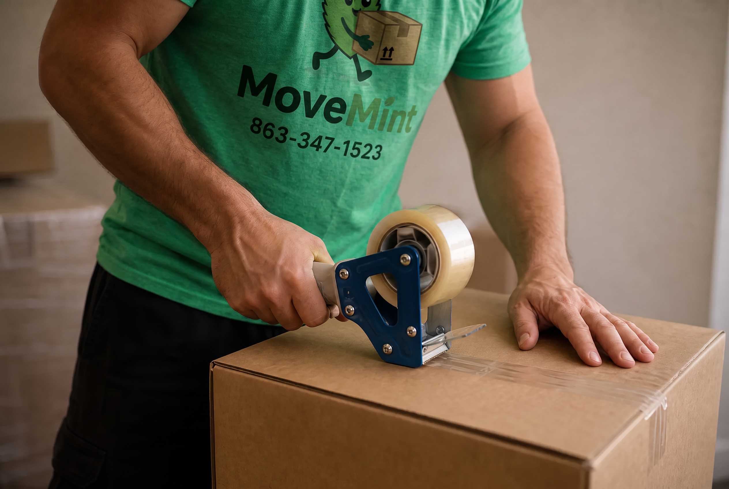 Sealing a box for storage loading MoveMint mover sealing a cardboard moving box with a tape gun to keep contents secure for a storage unit load
